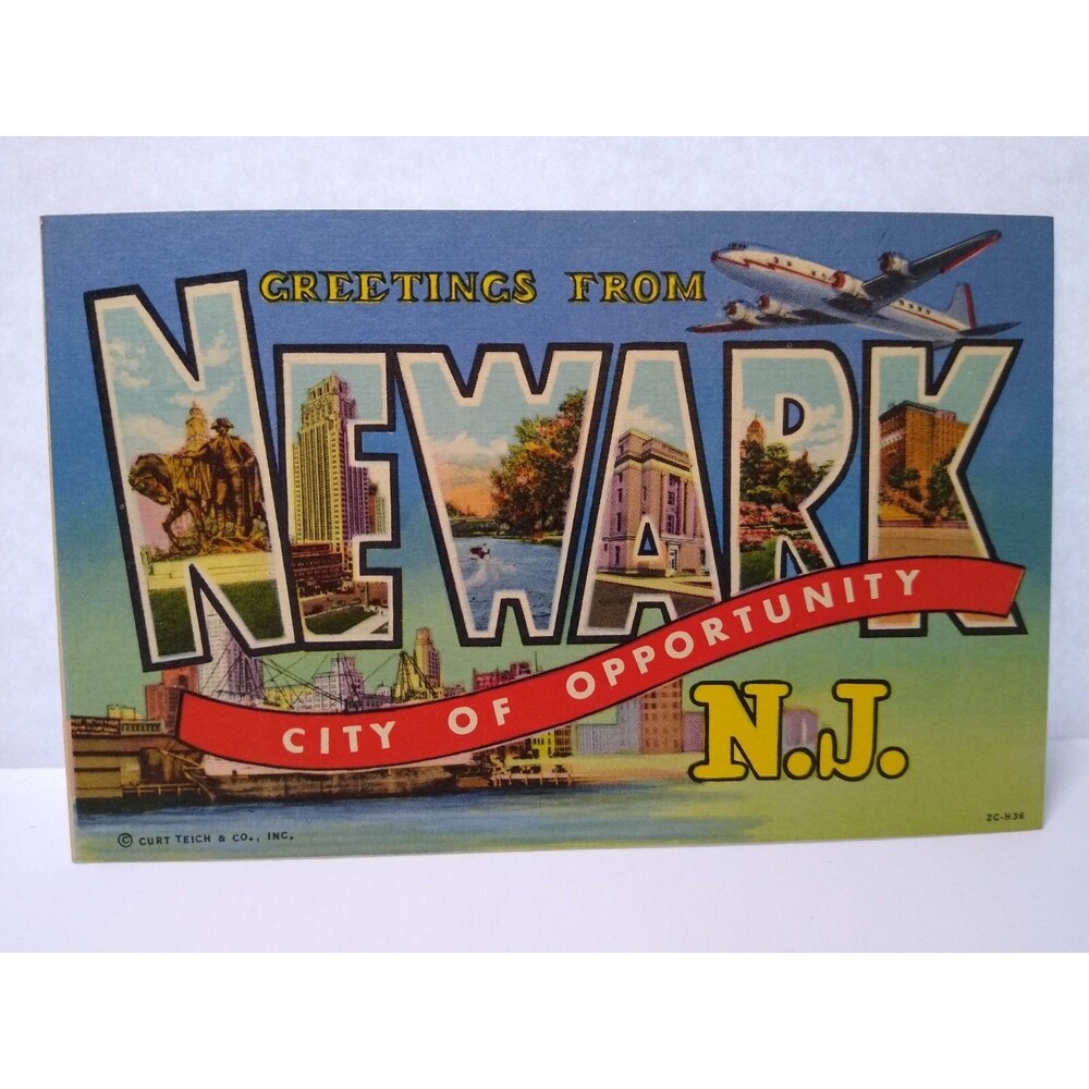Greetings From Newark New Jersey Large Big Letter Postcard Airplane Linen Unused